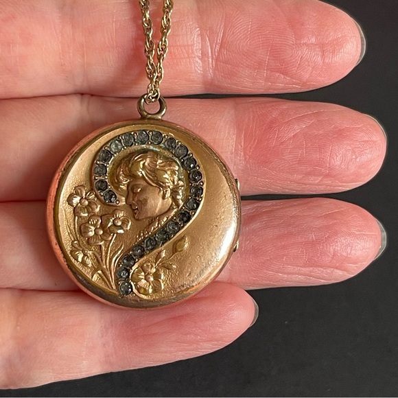 Antique Art Nouveau lady in question mark floral Gold filled Locket Necklace.